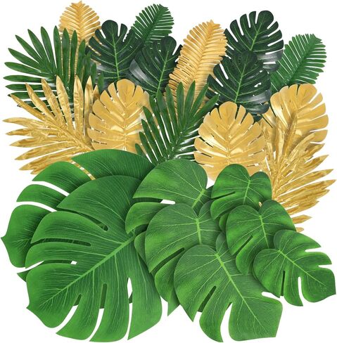Abzo 77 Pieces 9 Kinds Artificial Palm Leaves for Tropical Party Decorations Golden Tropical Leaves with Stems Jungle Leaves Decoration Hawaiian Party Beach Baby Shower Wedding Birthday Decorations in Saudi Arabia