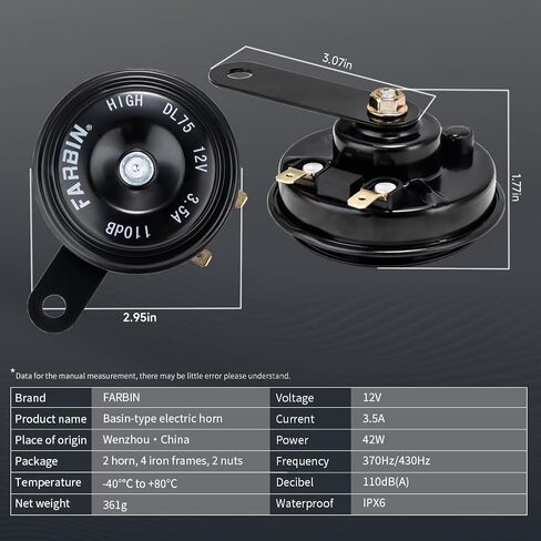 Farbin Car Horn 12V دراجة نارية مضغوطة القرن 110 ديسيبل مقاوم للماء عالية ونغمة الأبواق الكهربائية العالمية للدراجات النارية ركاب السيارة على الطرق الوعرة على الطرق الوعرة. in Saudi Arabia