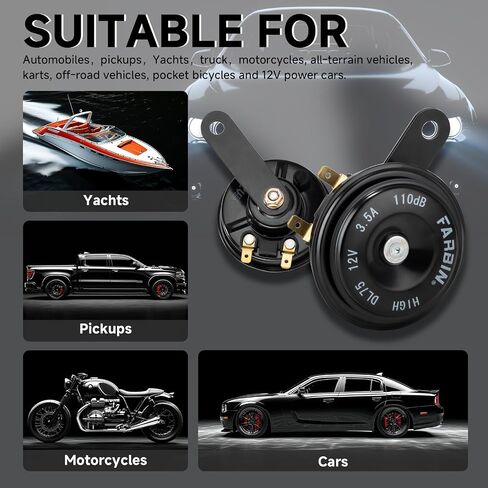 Farbin Car Horn 12V دراجة نارية مضغوطة القرن 110 ديسيبل مقاوم للماء عالية ونغمة الأبواق الكهربائية العالمية للدراجات النارية ركاب السيارة على الطرق الوعرة على الطرق الوعرة. in Saudi Arabia