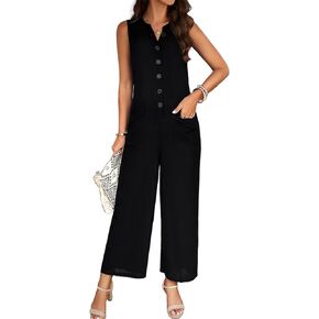 Women Wide Leg One Piece Jumpsuit Sleeveless Loose Baggy Dressy Button Down Romper Casual Summer Outfits with Pocket in Kuwait