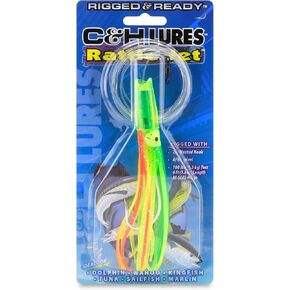 C&H Lures Rattle Jet Rigged & Ready - طُعم صيد الأسماك في المياه المالحة مقاس 6.75 بوصة مع تقنية خشخشة متكاملة، تنورة من الفينيل باللون الأخضر/الشارتروز مع خطاف موستد 7/0، دوار AFW، 100 رطل من خيوط Grand Slam الأحادية in Saudi Arabia