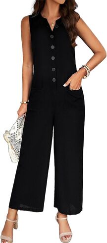 Women Wide Leg One Piece Jumpsuit Sleeveless Loose Baggy Dressy Button Down Romper Casual Summer Outfits with Pocket in Kuwait
