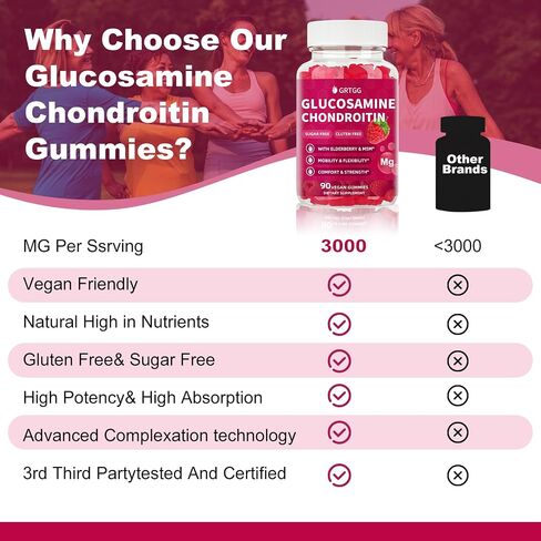 Glucosamine chondroitin Gummies مع MSM & Elderberry Extra Strength 3000mg - دعم مشترك ، مكمل دعم المناعة المضاد للأكسدة للبالغين والنساء - 90 Raspberry Gummies in Saudi Arabia