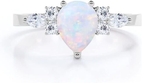 10K 14K 18K White Gold & Rose Gold Opal and Moissanite Engagement Rings for Women 1.0CT Center Pear Cut White Fire Opal Rings Jewelry Gift for Her in Saudi Arabia