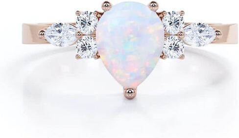 10K 14K 18K White Gold & Rose Gold Opal and Moissanite Engagement Rings for Women 1.0CT Center Pear Cut White Fire Opal Rings Jewelry Gift for Her in Saudi Arabia