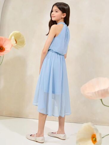 MCieloLuna Junior Girls Summer Dresses Boho Formal Party Gown Halter Neck Wedding Guest Bridesmaid Dress Knee Length in Kuwait