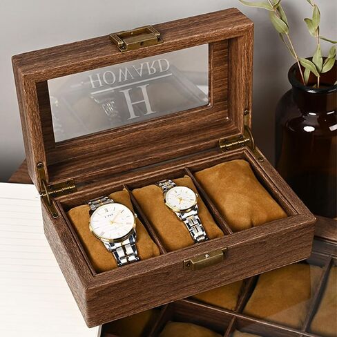 xrlsg Personalized Watch Box Custom Engraved Watch Storage Cases with Glass Lid PU Leather Watch Holder Organizer for Men Gift for Husband Boyfriend Dad in Kuwait