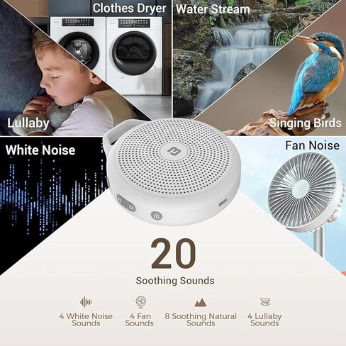 BGOVERSS White Noise Sound Machine, Portable Sound Machine for Baby Adult, 20 Soothing Natural Sounds with Noise Canceling for Office & Sleeping, Sound Therapy for Home, Travel, Registry Gift,White in Kuwait