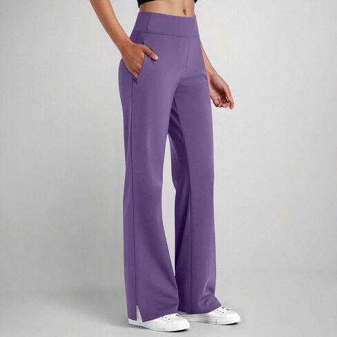 Women's Yoga Pants with Pockets Flare Leggings Split Hem Elastic Waist Solid Workout Casual Lightweight Trousers in Kuwait