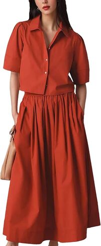 Womens Summer 2 Piece Outfits Skirt Sets Button Short Sleeve Tops Elastic Waist Maxi Dress Sets with Pockets in Saudi Arabia