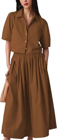 Womens Summer 2 Piece Outfits Skirt Sets Button Short Sleeve Tops Elastic Waist Maxi Dress Sets with Pockets in Saudi Arabia