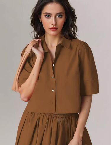 Womens Summer 2 Piece Outfits Skirt Sets Button Short Sleeve Tops Elastic Waist Maxi Dress Sets with Pockets in Saudi Arabia