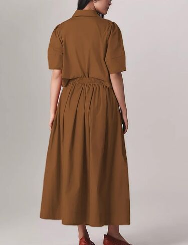 Womens Summer 2 Piece Outfits Skirt Sets Button Short Sleeve Tops Elastic Waist Maxi Dress Sets with Pockets in Saudi Arabia