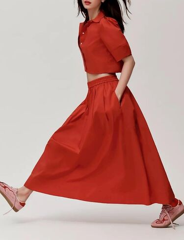 Womens Summer 2 Piece Outfits Skirt Sets Button Short Sleeve Tops Elastic Waist Maxi Dress Sets with Pockets in Saudi Arabia