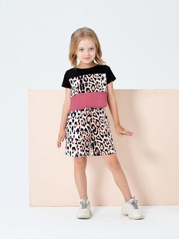 ملابس للأطفال الصغار والبنات تي شيرت بحاشية ملتوية بطباعة الفهد + شورت للفتيات طقم ملابس صيفي (6-7T) in Kuwait