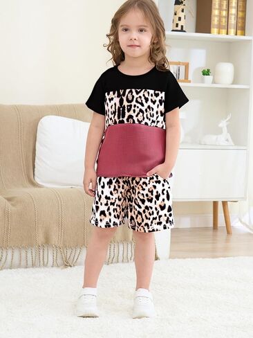 ملابس للأطفال الصغار والبنات تي شيرت بحاشية ملتوية بطباعة الفهد + شورت للفتيات طقم ملابس صيفي (6-7T) in Kuwait