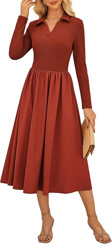 Kate Kasin Women's Fall Long Sleeve Midi Dress 2025 Polo V الرقبة غير الرسمية مضلعة متماسكة لثوب العمل المتدفق مع جيوب in Kuwait