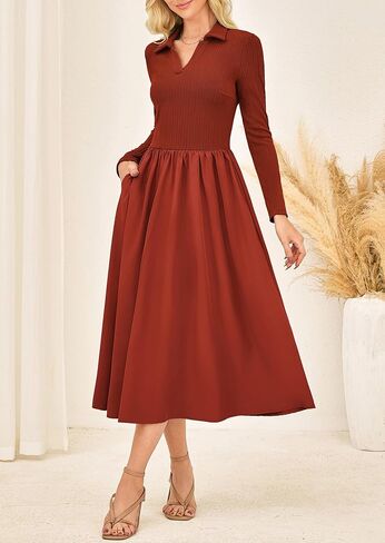 Kate Kasin Women's Fall Long Sleeve Midi Dress 2025 Polo V الرقبة غير الرسمية مضلعة متماسكة لثوب العمل المتدفق مع جيوب in Kuwait