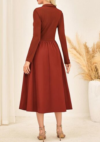 Kate Kasin Women's Fall Long Sleeve Midi Dress 2025 Polo V الرقبة غير الرسمية مضلعة متماسكة لثوب العمل المتدفق مع جيوب in Kuwait