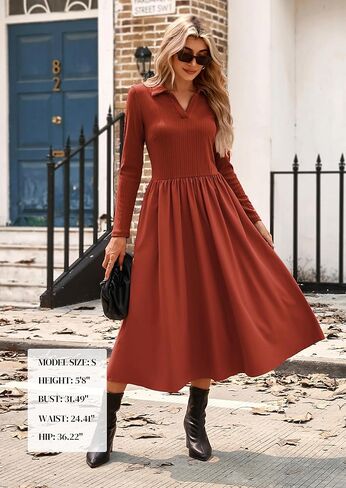 Kate Kasin Women's Fall Long Sleeve Midi Dress 2025 Polo V الرقبة غير الرسمية مضلعة متماسكة لثوب العمل المتدفق مع جيوب in Kuwait