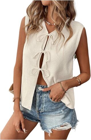 GORGLITTER Women's Bow Tie Front Tops Boho Sleeveless Knit Vests Cardigan Summer Spring Going Out Tops in Saudi Arabia
