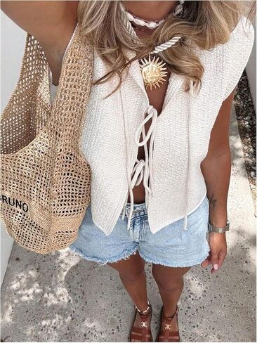 GORGLITTER Women's Bow Tie Front Tops Boho Sleeveless Knit Vests Cardigan Summer Spring Going Out Tops in Saudi Arabia