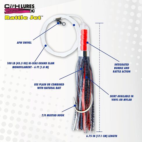 C&H Lures Rattle Jet Rigged & Ready - 6.75 inch Saltwater Fishing Lures with Integrated Rattle Technology, Green/Chartreuse Vinyl Skirt with 7/0 Mustad Hook, AFW Swivel, 100 lb Grand Slam Monofilament in Saudi Arabia