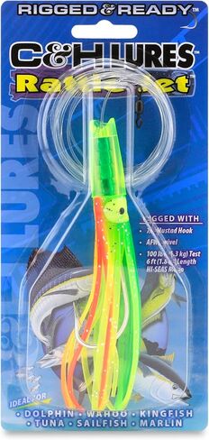 C&H Lures Rattle Jet Rigged & Ready - 6.75 inch Saltwater Fishing Lures with Integrated Rattle Technology, Green/Chartreuse Vinyl Skirt with 7/0 Mustad Hook, AFW Swivel, 100 lb Grand Slam Monofilament in Saudi Arabia