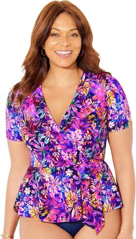 Swimsuits For All Women's Short Sleeve Faux Wrap Tankini Top (Plus in Saudi Arabia