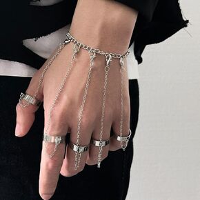 Kenfery Gothic 5 Fingers Chain Tassel Slave Bracelet Adjustable Layered Bracelet with Half Open Rings Hip Hop Huggie Hand Jewelry for Women and Girls
