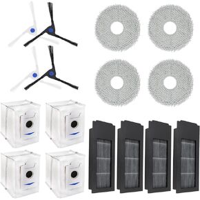 16PCS HEPA Filter Dust Bag Replacement for Ecovacs Deebot X2/ X2 Omni / X2pro / DEX86 Vacuum Cleaner Spare Parts, 4 Side Brush, 4 Hepa Filters, 4 Mop Pads, 4 Dust Bags