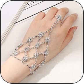 Kenfery Vintage Flower Crystal Slave Bracelet Sparking Eyes Rhinestone Finger Ring Bracelet Chain Shiny Tennis Chain Wristband Bridal Wedding Hand Jewelry for Women (Style 4)