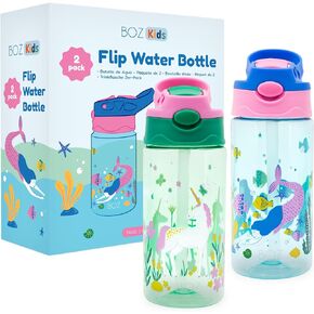 BOZ Flip Water Bottles for Kids 2-Pack - Boys' Cars & Construction Designs, 14 oz, Push Button Pop-Up Straw, Handwash Recommended, Toddler Leak Proof Water Bottle