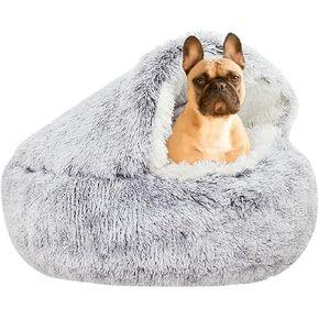 YUDANSI Cat Bed Hooded for Indoor Cats, Dog Bed with Large Covered Hood for Small Dogs Cats Puppy Kitty, Anti Anxiety Donut Cuddler, Anti Slip Plush Faux Fur Enclosed Pet Nest (Washable)(Gray-20inch)