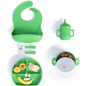 mimi & kiki Silicone Baby Feeding Set, Baby Plates with Suction, Baby Feeding Essentials, Baby Led Weaning Supplies, Baby Utensils, Bowl, and Utensils, Dishwasher Safe, for Ages 6+ Months (Blue)