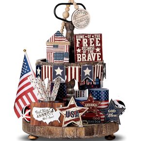 18 قطعة من مجموعة ديكور صينية متدرجة في الرابع من يوليو، ديكور يوم الاستقلال الوطني الريفي، توهج عتيق، يوم المزرعة التذكاري، صينية متدرجة، علامة خشبية، أحمر أبيض، أزرق، ديكور للطاولة (العلم) in Kuwait
