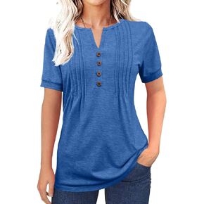 Womens Tops Pleated Button V Neck Short Sleeve Dreesy Casual T-Shirts Summer Fashion Blouses 2024