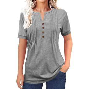 Womens Tops Pleated Button V Neck Short Sleeve Dreesy Casual T-Shirts Summer Fashion Blouses 2024