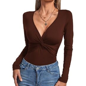 LYANER Women's Deep V Neck Twist Front Long Sleeve Tiny Leotard Bodysuit Tops