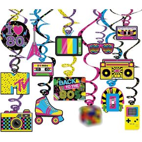 Bessmoso 28Pcs Back to The 80s Party Decorations 80's Party Hanging Swirls Decorations Retro Ceiling Streamers for 1980s Throwback Birthday Party 80s Neon Party Supplies