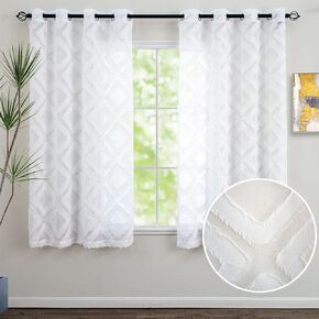 Shaggy Sheer White Curtains 84 inches Long, Diamond Patterned White Drapes Geometric Faux Linen Sheer Curtains for Living Room, Grommet Window Curtain Panels Set of 2 pcs, Off White