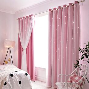 Purple Star Curtains for Girls Bedroom Double Layer Star Cut Out Curtains for Living Room 2 Panels Set 63 Inch Hollow Out Blackout Curtains for Nursery (Purple, 2 Panels W52 X L63 Inches)
