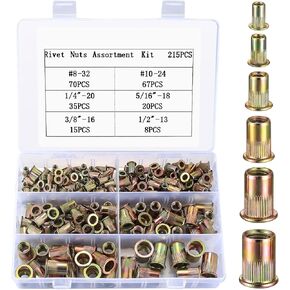 مجموعة متنوعة من 215 قطعة من صواميل البرشام، مجموعة أدوات صواميل برشام ذات رأس مسطح من الفولاذ الكربوني، لمسة نهائية مطلية بالزنك، 8-32، 10-24، 1/4 بوصة - 20، 3/8 بوصة - 16، 5/16 بوصة '-18، 1/2"-13 in Kuwait