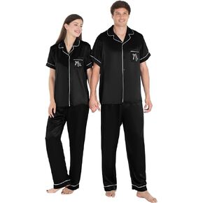AW BRIDAL Couples Matching Pajamas Sets, His and Hers Pajamas Sets Short Sleeve Sleepwear Silk Pajamas for Women Men, Engagement Newlywed Honeymoon Anniversary Wedding Gifts for Couple, Black, L&XL