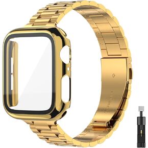 for Apple Watch Band Women 38mm 40mm 41mmm 42mm 44mm 45mm with Face Cover, Metal Stainless Steel for iwatch Band Series 9 8 7 6 5 4 3 2 1 SE.