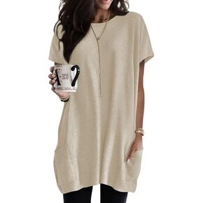 Poetsky Summer Womens Tunic Tops for Leggings with Pockets Short Sleeve Casual Long T Shrits