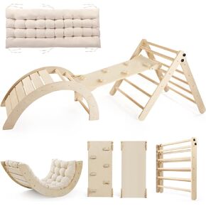 Pikler Triangle Set with Cushion, 5 in 1 Montessori Foldable Climbing Set, Climbing Indoor Playground Toys Set for Toddlers, Wooden Climbing Toys with Ramp and Arch Climber for Kids