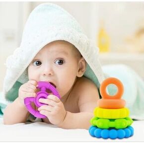 Stacking Baby Teether Toy - Sensory Silicone Teething Rings for Babies – Promote Motor Skills-Premium Food Grade Silicone Rainbow Colors - BPA Free