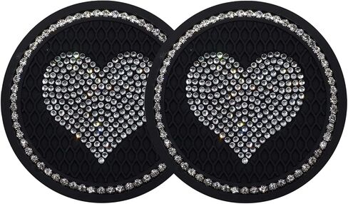 قطعتان من قواعد الأكواب للسيارة على شكل قلب، 2.76 بوصة مضادة للانزلاق ومضادة للصدمات، قواعد سيارة لطيفة عالمية، ملحقة بأحجار الراين الكريستالية الكاملة والاكسسوارات الداخلية للسيارات للنساء (قلب وردي) in Kuwait