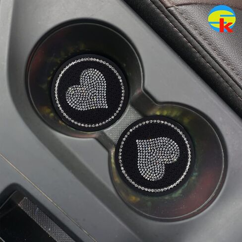 قطعتان من قواعد الأكواب للسيارة على شكل قلب، 2.76 بوصة مضادة للانزلاق ومضادة للصدمات، قواعد سيارة لطيفة عالمية، ملحقة بأحجار الراين الكريستالية الكاملة والاكسسوارات الداخلية للسيارات للنساء (قلب وردي) in Kuwait